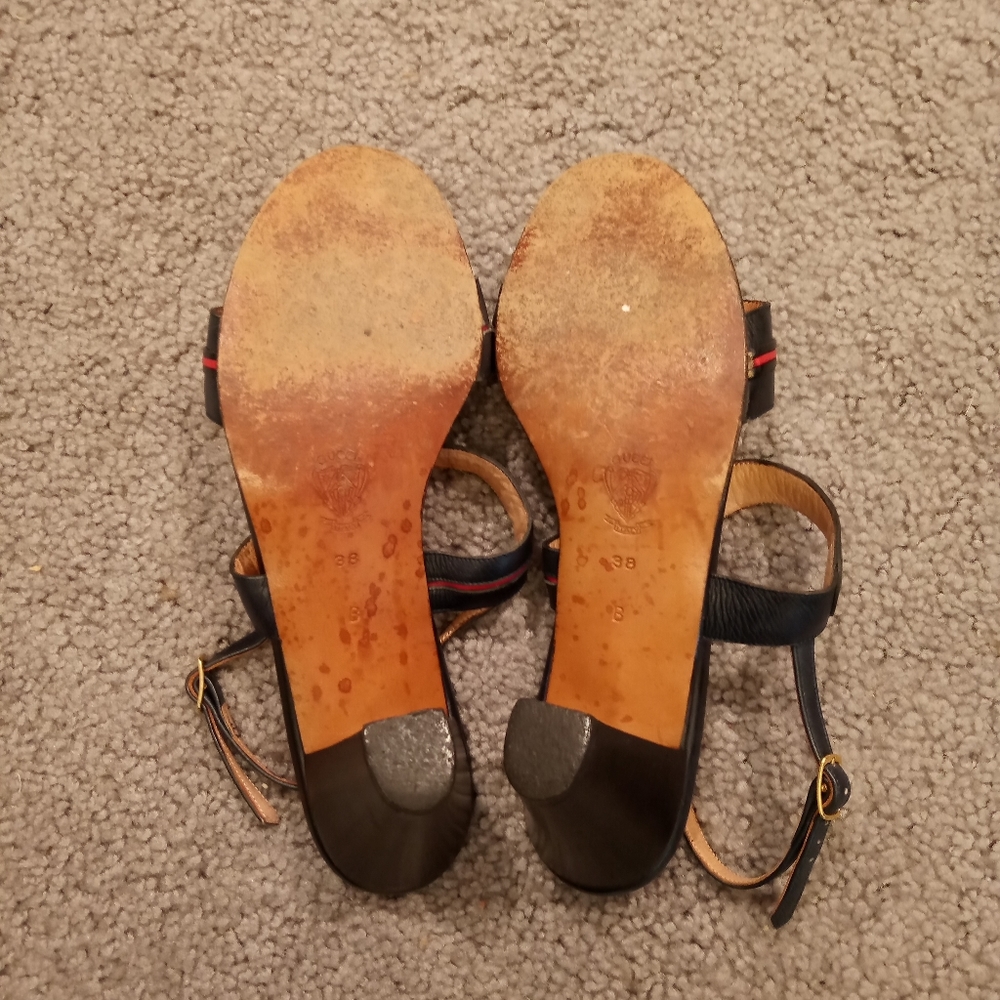 Gucci Italy Vintage Gold Bit Black Red Leather Sandals Heels Slides Shoes sz 38 - Picture 3 of 9